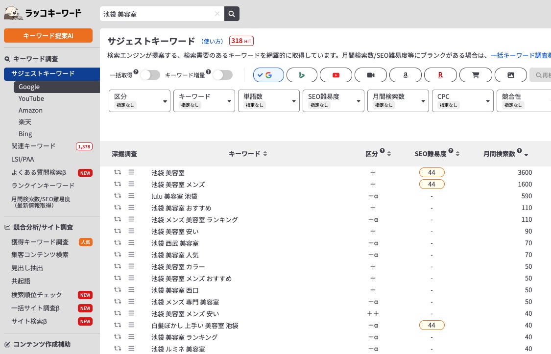 ラッコキーワードのサジェストキーワード画面